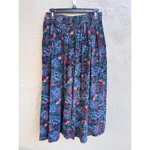 LL Bean Vintage Floral Fruit Corduroy Pleated Midi Skirt